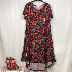 🌺 LuLaRoe ‘Carly’ Red Blue Tropical Floral Short Sleeve High Low Swing Sz.M